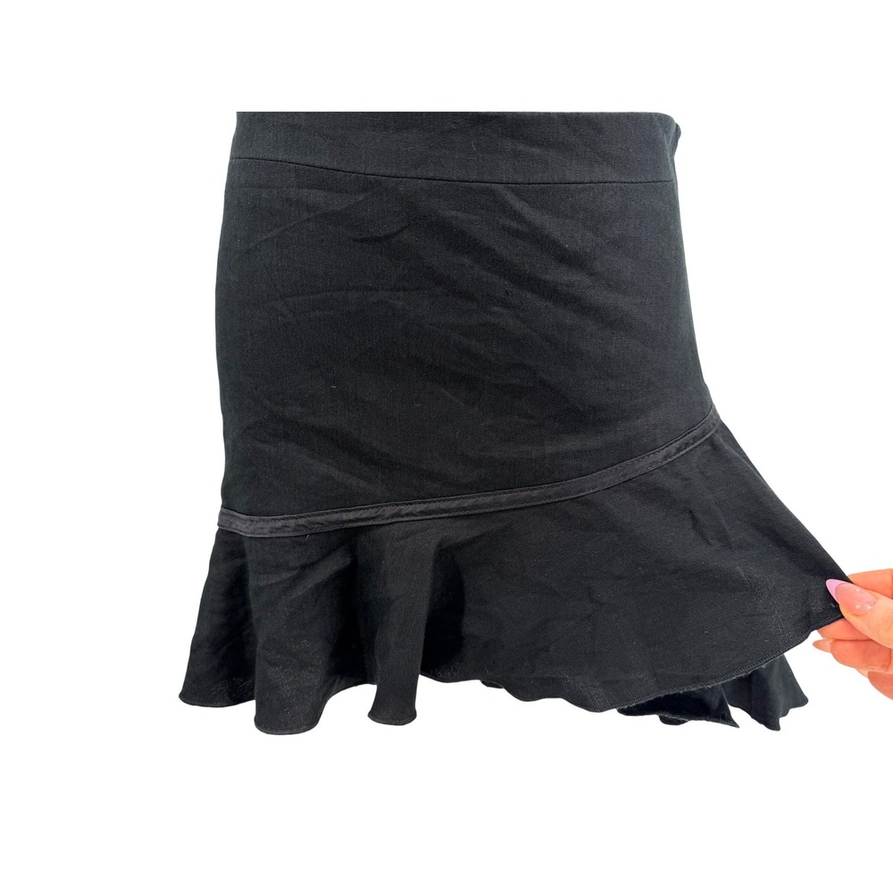 Bebe Y2K Mini Skirt Women Size 4 Black Linen Blend Asymmetrical Ruffle Silk Trim
